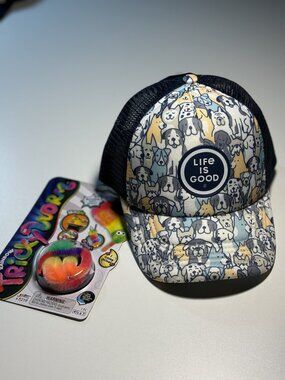 Life Is Good Kids Dog Hat Bundle + Magic Tricky Worm Toy | Youth S/M Gift Set